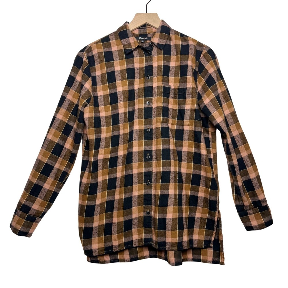 Madewell Preppy Plaid Flannel Button Down Shirt Brown Tan Black Cotton Size XS - Picture 2 of 9